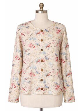 Floral Bird Print Button-Up Long Sleeve Cardigan In 3XL